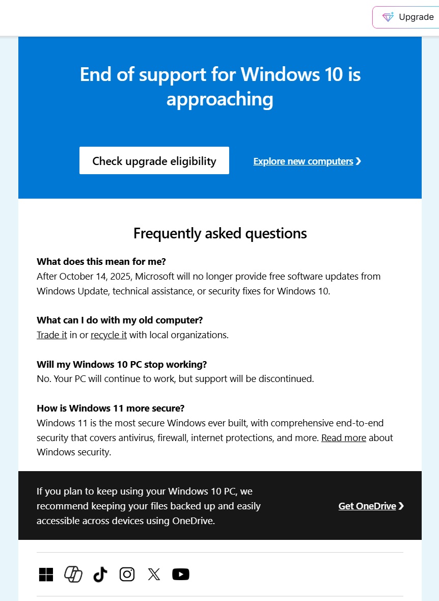 microsoft reminder email about windows 10